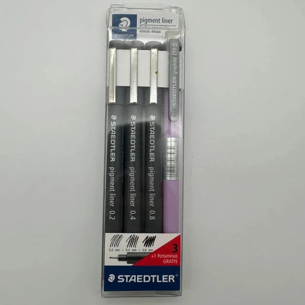 Set Staedtler Pigment Liner 3 Pennarelli Tecnici 0.2 0.4 0.8 + Portamine Graphite 777 0.5