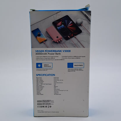 Veger Power Bank V3008 30000mAh with LED Display and Multi-Port Fast Charging