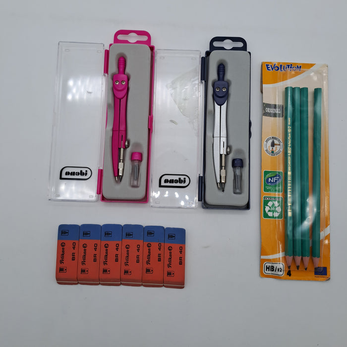 Bundle: 2 Compassi con Astuccio + 4 Matite BIC Evolution HB + 6 Gomme Pelikan BR 40