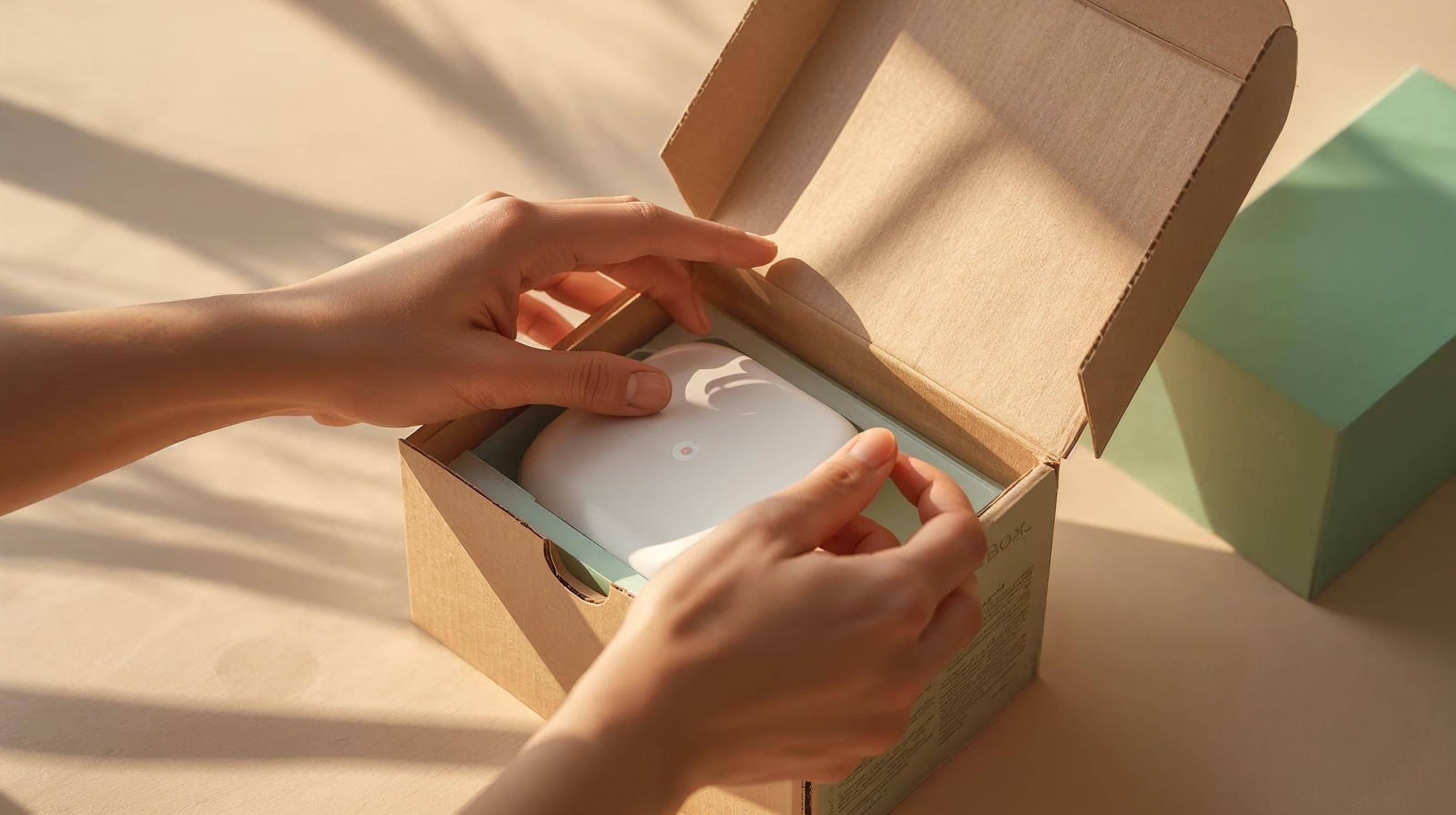 Mani che aprono una scatola con un prodotto tecnologico controllato e rigenerato da ReBoxLab, Second Life Store sostenibile
