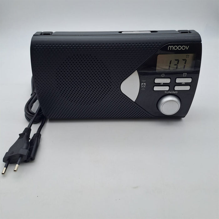 MOOOV 477205 Radio Small FM-AM with Large Display/Timing Function/Alarm Clock - Transistor Radio Suitcase Radio with Speaker Power Plug or Batteries - Black