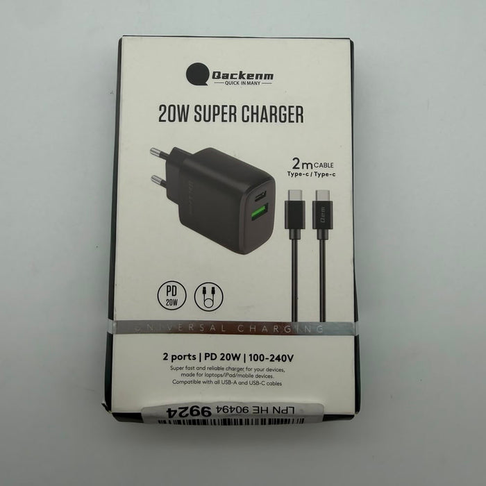 Qackenm Caricatore Rapido USB-C PD 20 W con 2 Porte e Cavo USB-C da 2 Metri